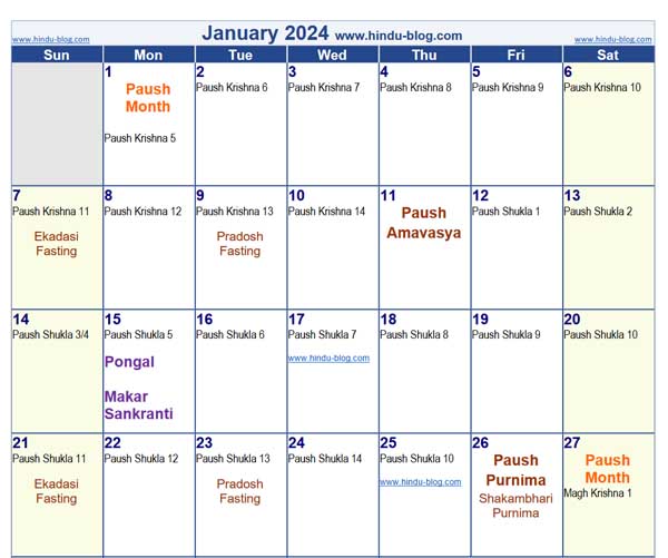 22 Jan 2024 Hindu Calendar 2024 CALENDAR PRINTABLE